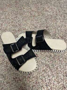 Ilse Jacobsen Women's suede leBlack Dual-Buckle Slide Sandals